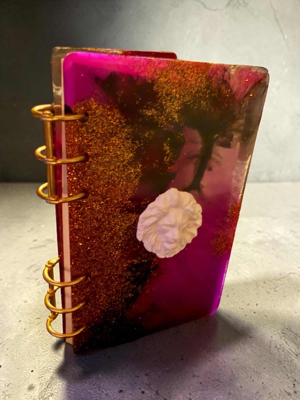 Purple & Gold Resin Notebook with White Lion Cameo