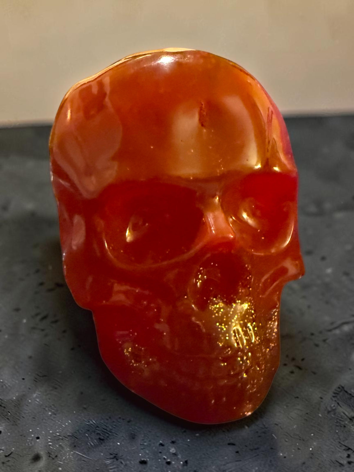UV Reactive Neon Red Resin Skull with Gold Glitter