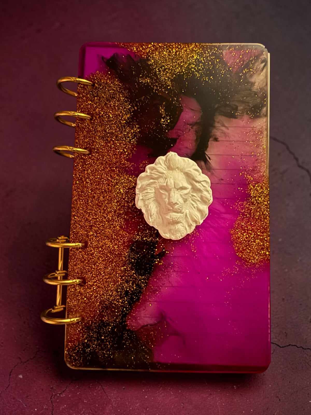 Purple & Gold Resin Notebook with White Lion Cameo