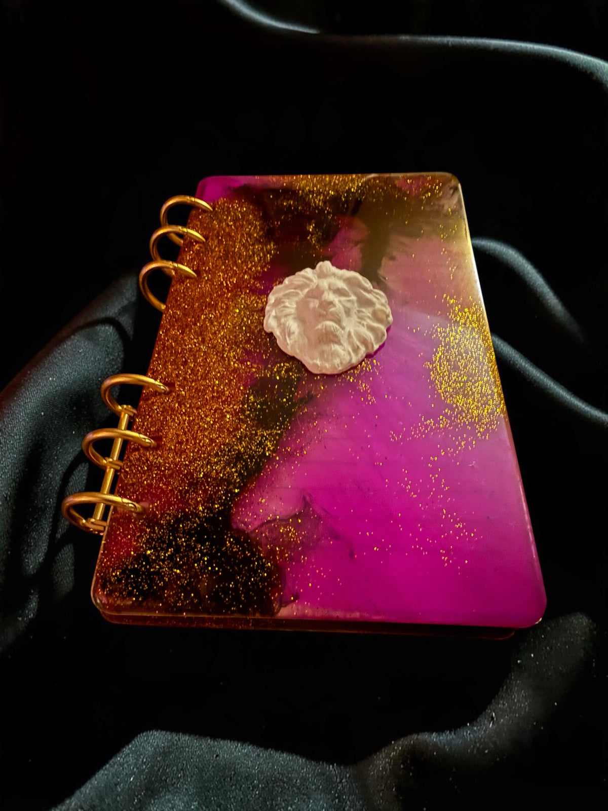 Purple & Gold Resin Notebook with White Lion Cameo
