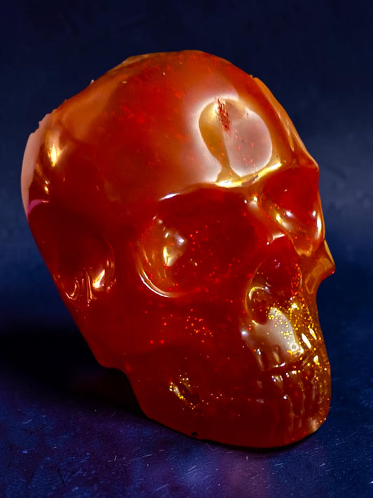 UV Reactive Neon Red Resin Skull with Gold Glitter