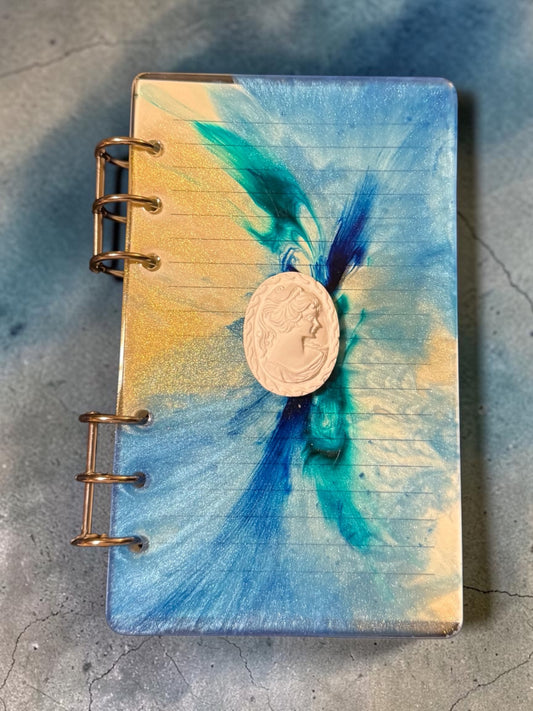 Blue & Teal Resin Notebook with White Cameo