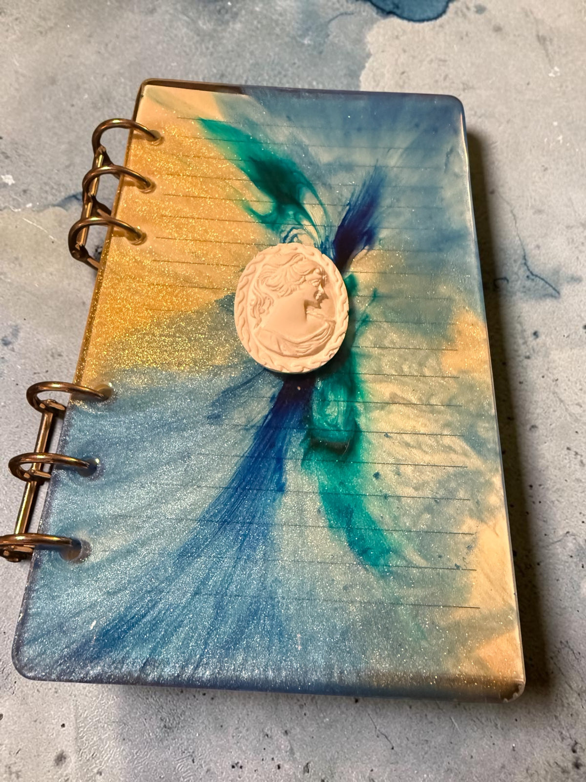 Blue & Teal Resin Notebook with White Cameo
