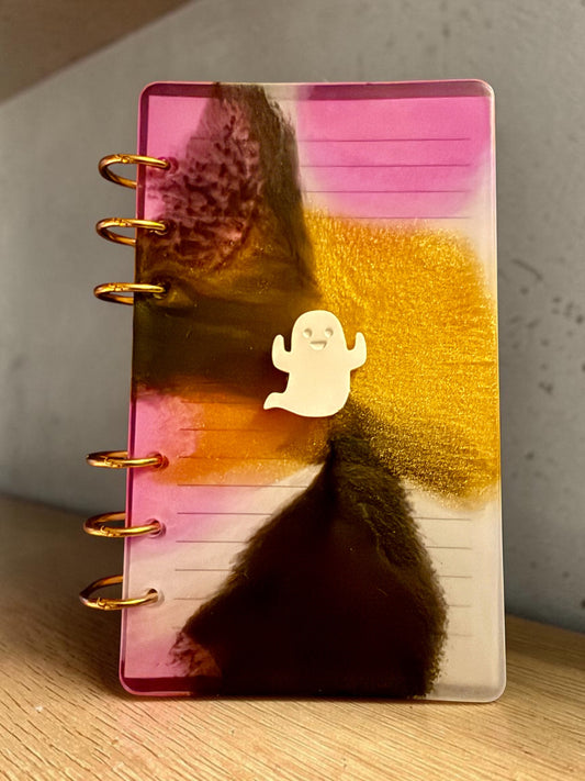 Purple & Gold Resin Notebook with Ghost Cameo – Glow in the Dark
